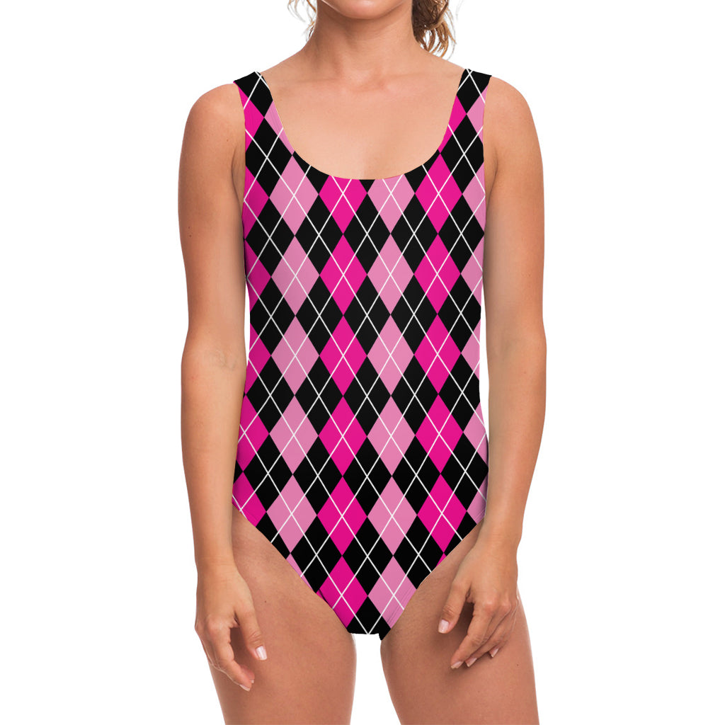 Deep Pink And Black Argyle Pattern Print One Piece Swimsuit