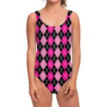 Deep Pink And Black Argyle Pattern Print One Piece Swimsuit