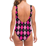 Deep Pink And Black Argyle Pattern Print One Piece Swimsuit