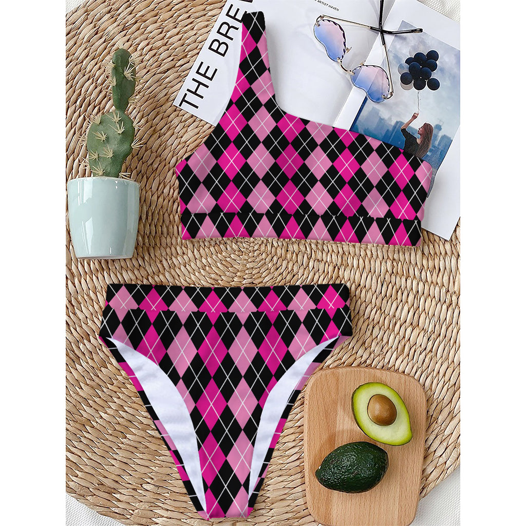 Deep Pink And Black Argyle Pattern Print One Shoulder Bikini Top