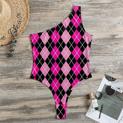 Deep Pink And Black Argyle Pattern Print One Shoulder Bodysuit