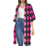 Deep Pink And Black Argyle Pattern Print Open Front Beach Cover Up
