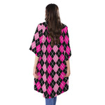 Deep Pink And Black Argyle Pattern Print Open Front Beach Cover Up