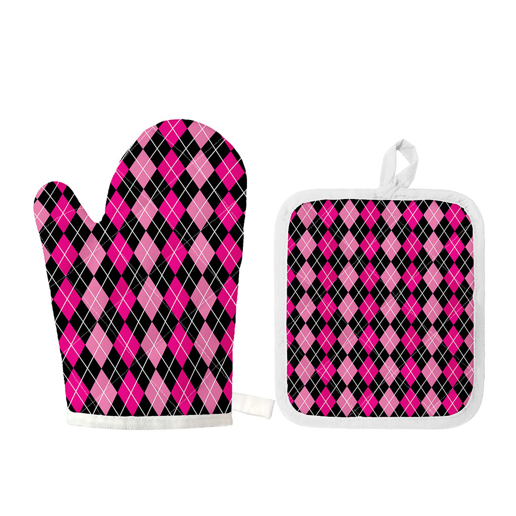 Deep Pink And Black Argyle Pattern Print Oven Mitt And Pot Holder Set