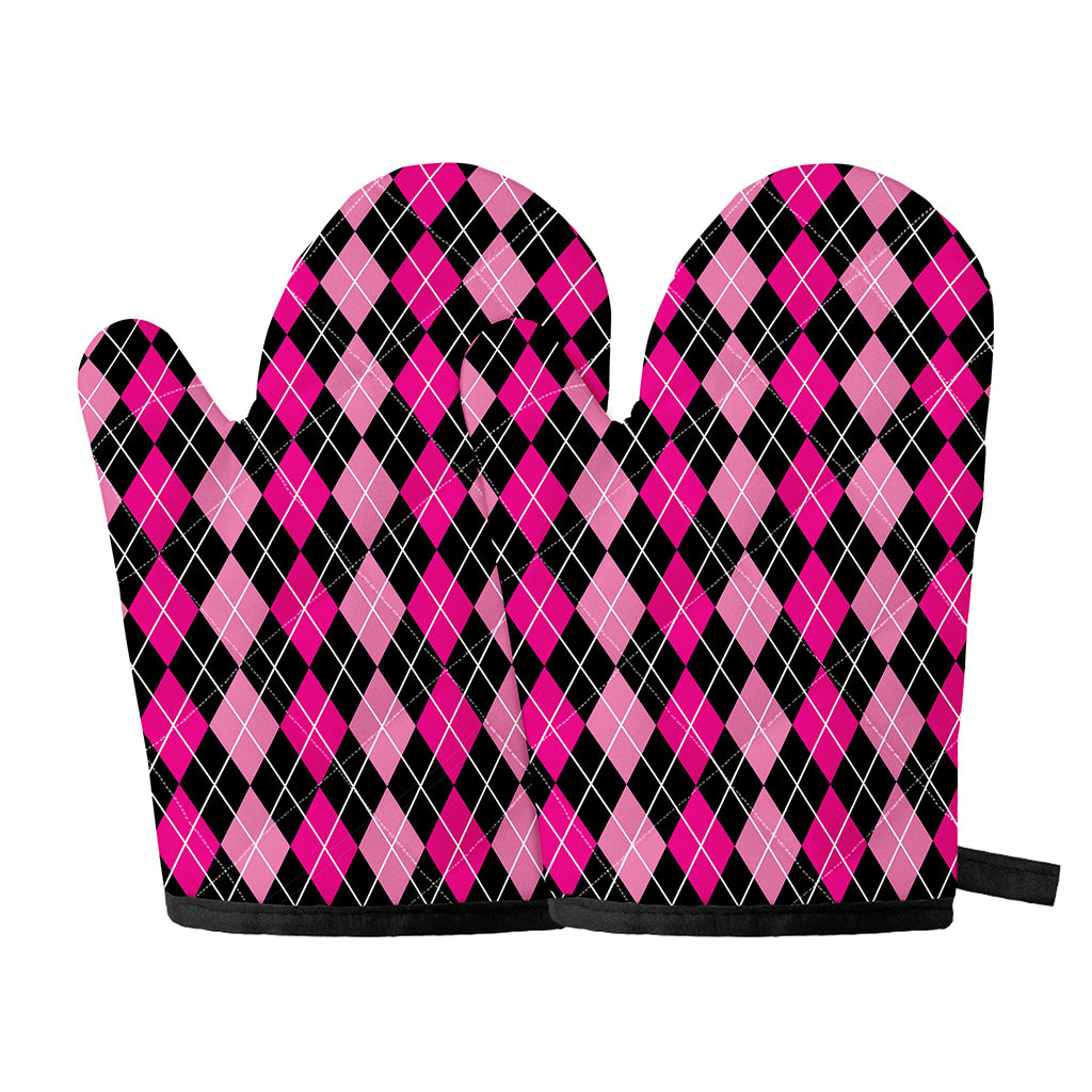 Deep Pink And Black Argyle Pattern Print Oven Mitts
