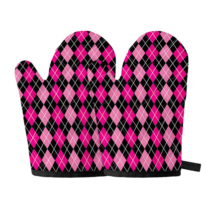Deep Pink And Black Argyle Pattern Print Oven Mitts