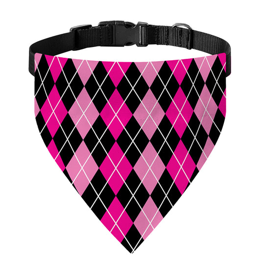 Deep Pink And Black Argyle Pattern Print Over The Collar Dog Bandana