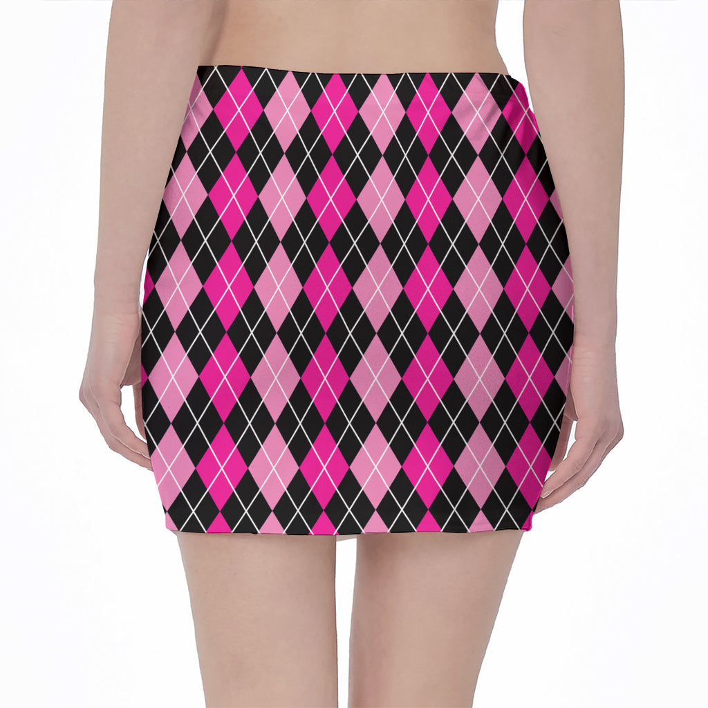 Deep Pink And Black Argyle Pattern Print Pencil Mini Skirt