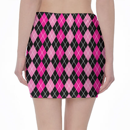 Deep Pink And Black Argyle Pattern Print Pencil Mini Skirt
