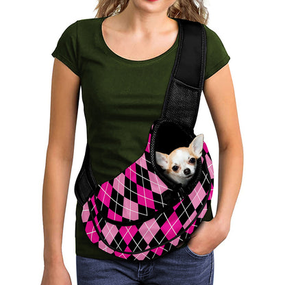 Deep Pink And Black Argyle Pattern Print Pet Sling Carrier