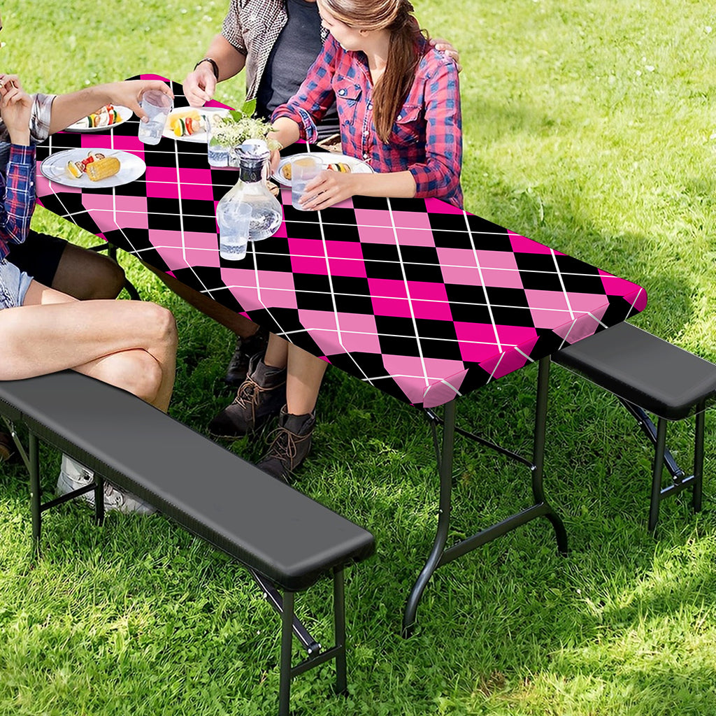 Deep Pink And Black Argyle Pattern Print Picnic Table Cover