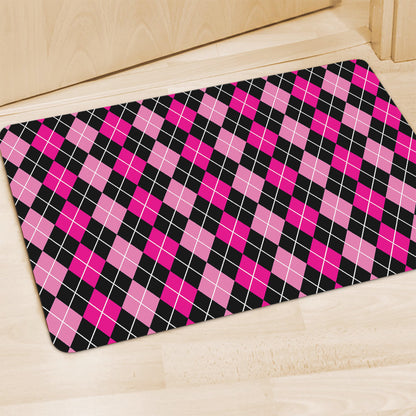 Deep Pink And Black Argyle Pattern Print Polyester Doormat