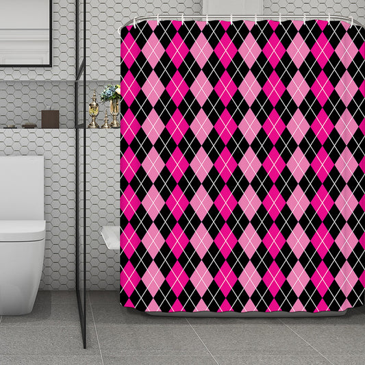 Deep Pink And Black Argyle Pattern Print Polyester Shower Curtain