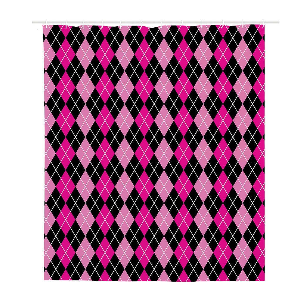 Deep Pink And Black Argyle Pattern Print Polyester Shower Curtain