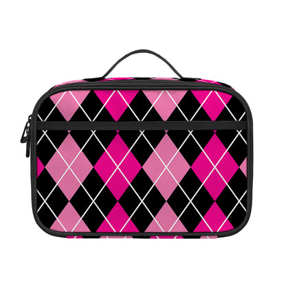 Deep Pink And Black Argyle Pattern Print Portable Lunch Bag