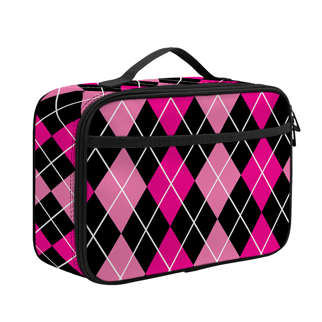 Deep Pink And Black Argyle Pattern Print Portable Lunch Bag