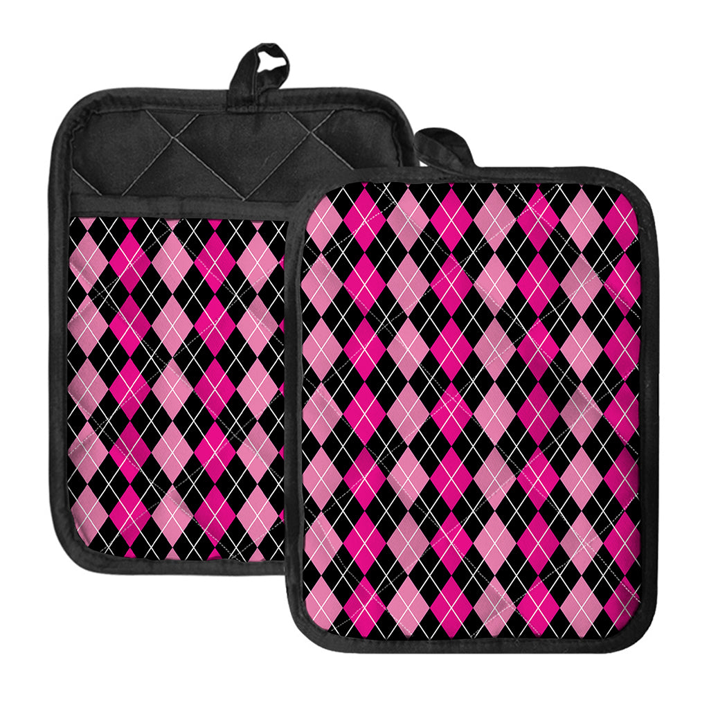 Deep Pink And Black Argyle Pattern Print Pot Holders With Pocket