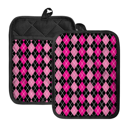 Deep Pink And Black Argyle Pattern Print Pot Holders With Pocket