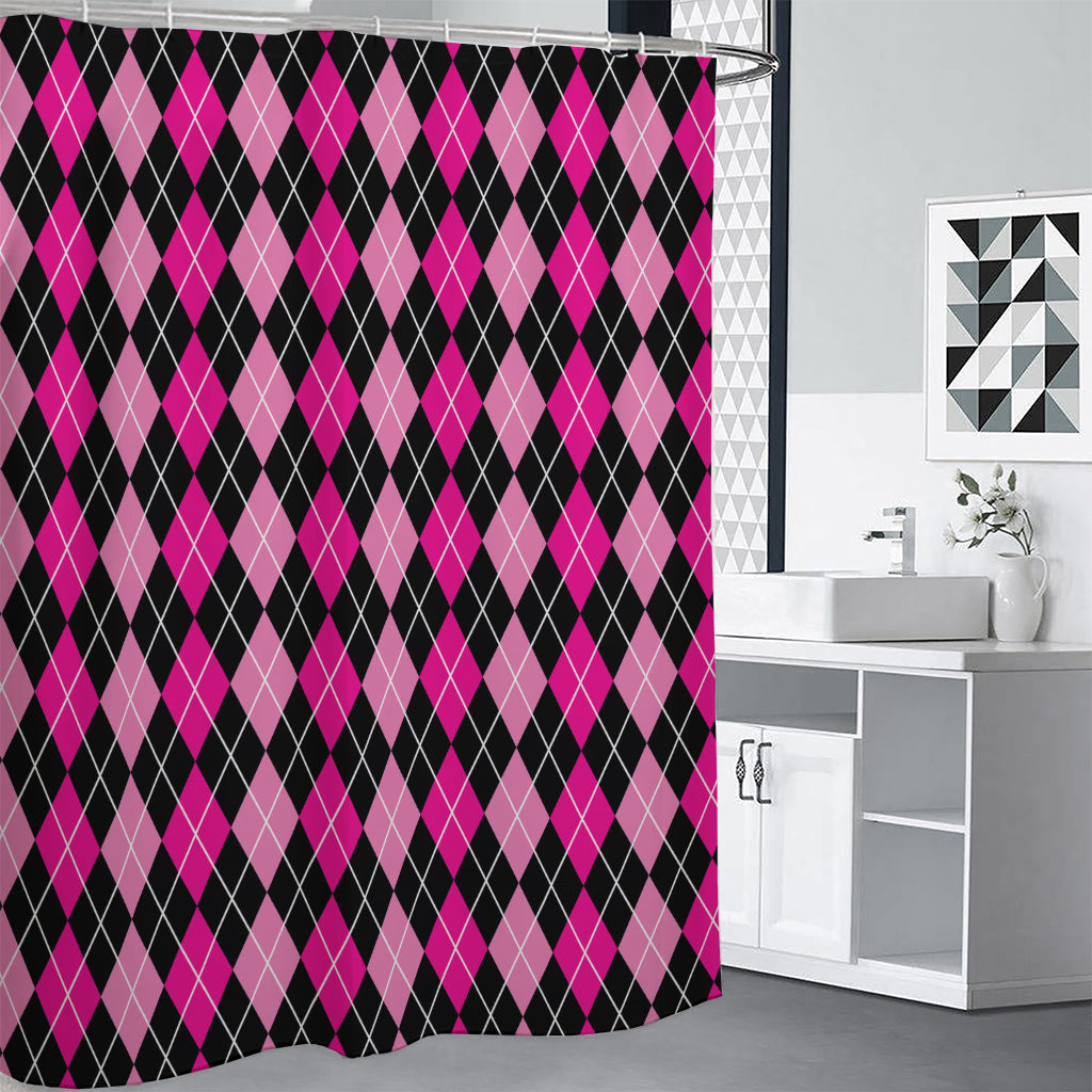 Deep Pink And Black Argyle Pattern Print Premium Shower Curtain