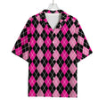 Deep Pink And Black Argyle Pattern Print Rayon Hawaiian Shirt