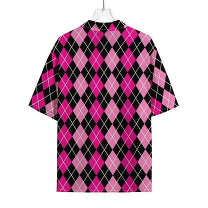 Deep Pink And Black Argyle Pattern Print Rayon Hawaiian Shirt
