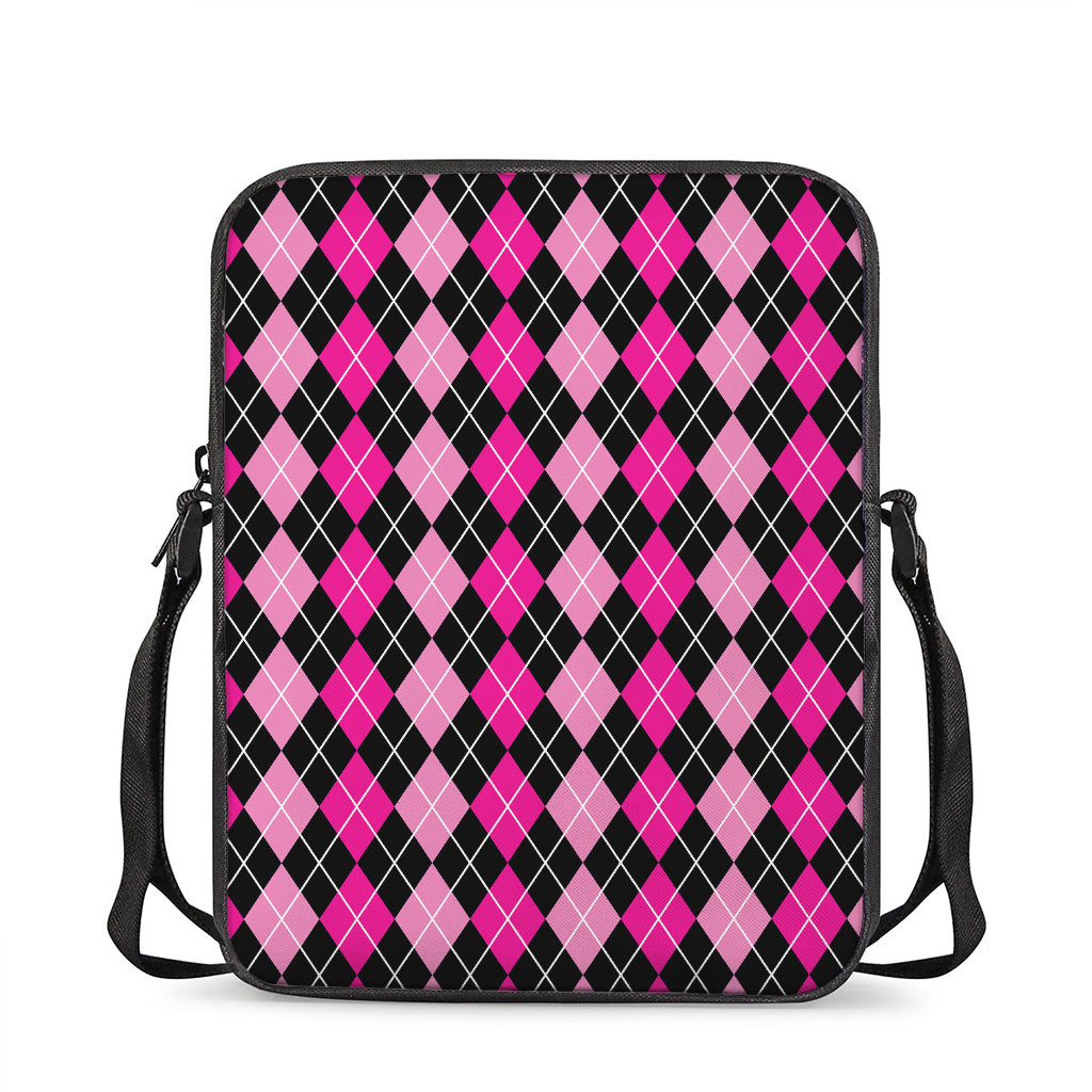 Deep Pink And Black Argyle Pattern Print Rectangular Crossbody Bag
