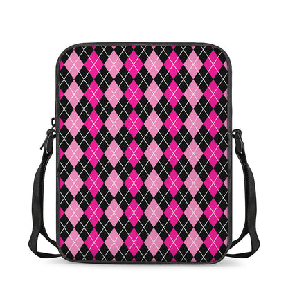 Deep Pink And Black Argyle Pattern Print Rectangular Crossbody Bag