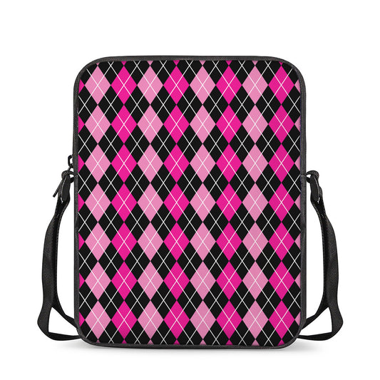 Deep Pink And Black Argyle Pattern Print Rectangular Crossbody Bag