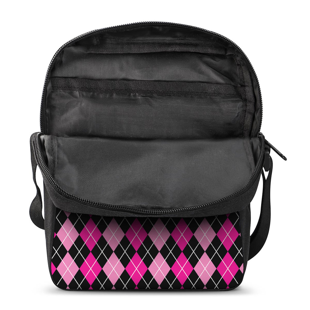 Deep Pink And Black Argyle Pattern Print Rectangular Crossbody Bag