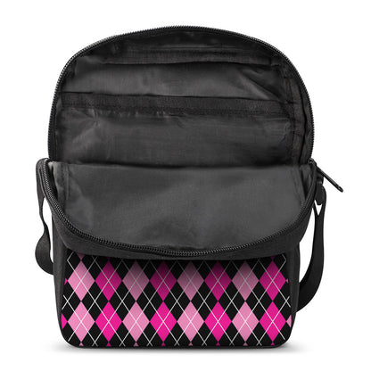 Deep Pink And Black Argyle Pattern Print Rectangular Crossbody Bag