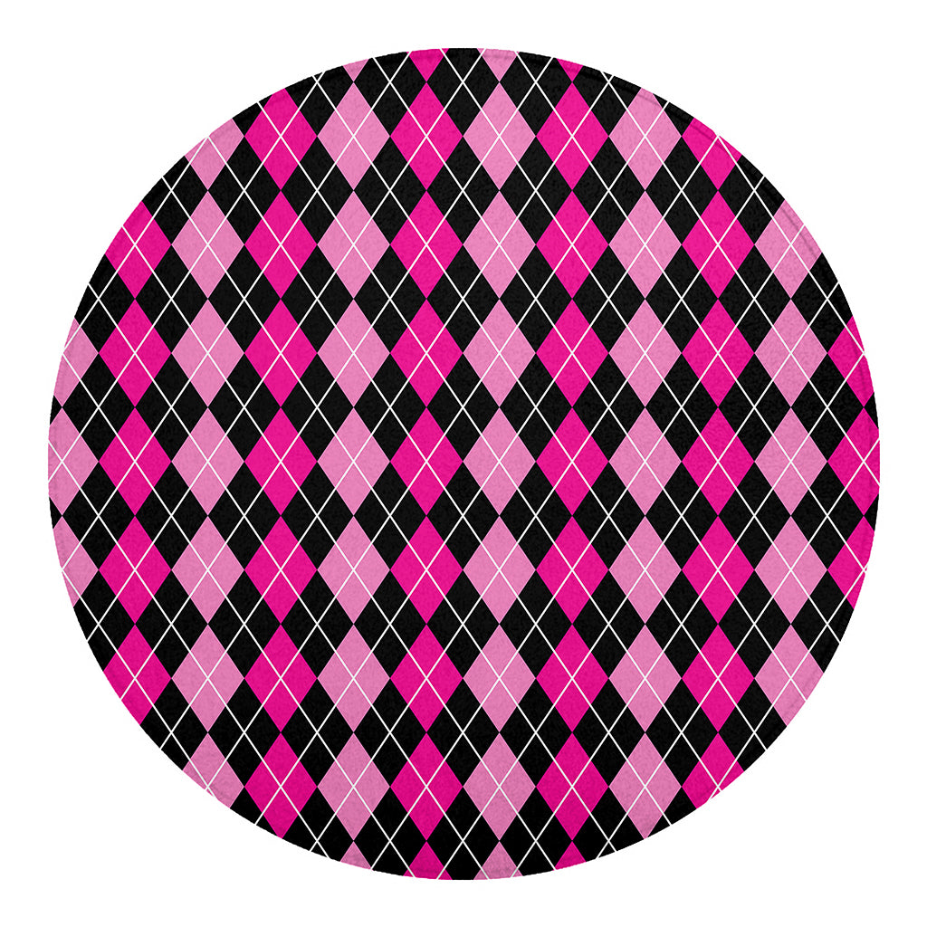 Deep Pink And Black Argyle Pattern Print Round Blanket