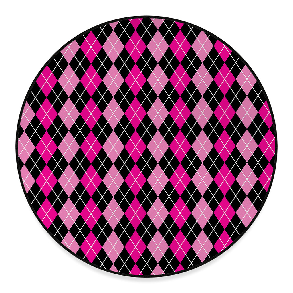 Deep Pink And Black Argyle Pattern Print Round Floor Mat