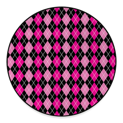Deep Pink And Black Argyle Pattern Print Round Floor Mat