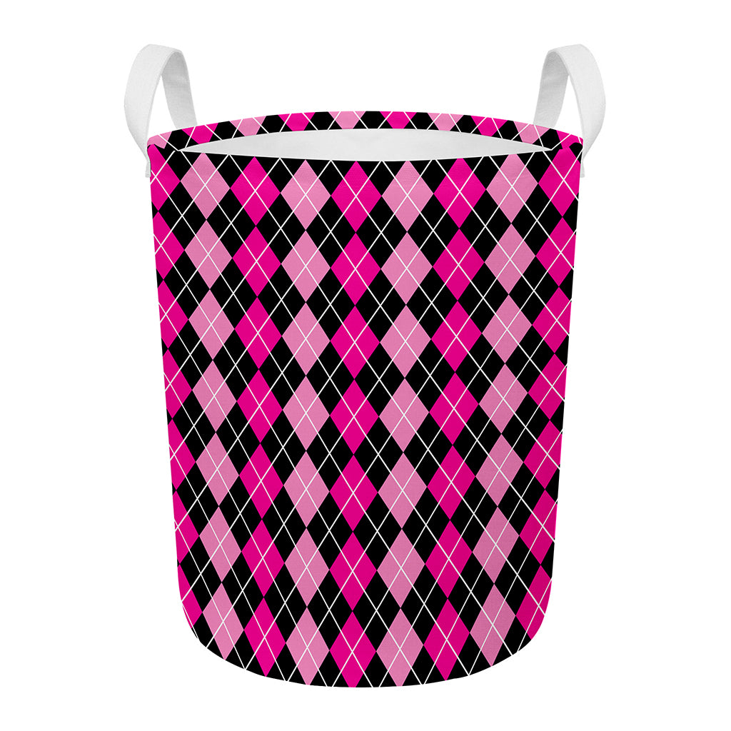 Deep Pink And Black Argyle Pattern Print Round Laundry Basket