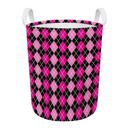 Deep Pink And Black Argyle Pattern Print Round Laundry Basket