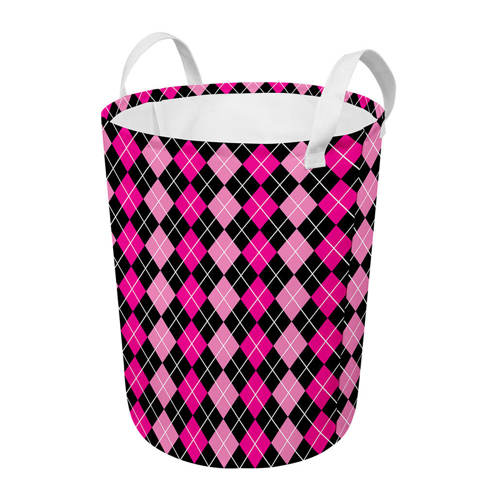 Deep Pink And Black Argyle Pattern Print Round Laundry Basket