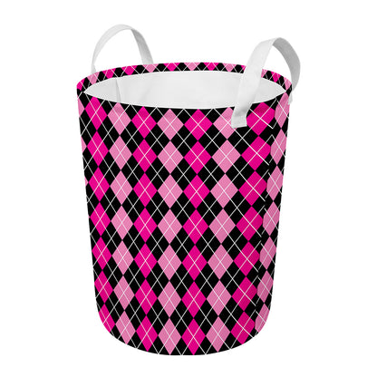 Deep Pink And Black Argyle Pattern Print Round Laundry Basket