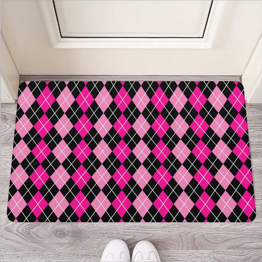 Deep Pink And Black Argyle Pattern Print Rubber Doormat