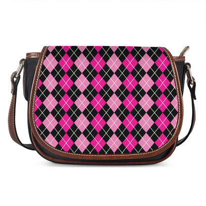 Deep Pink And Black Argyle Pattern Print Saddle Bag