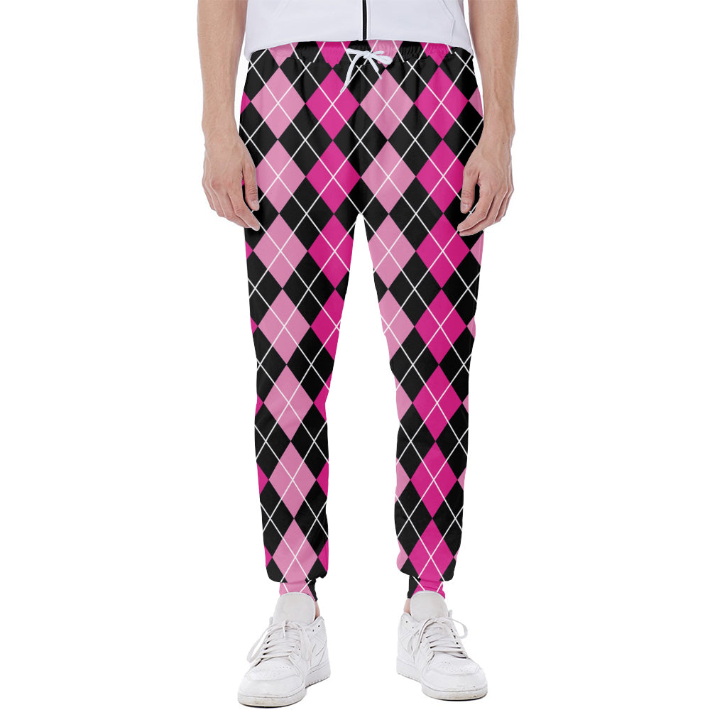 Deep Pink And Black Argyle Pattern Print Scuba Joggers