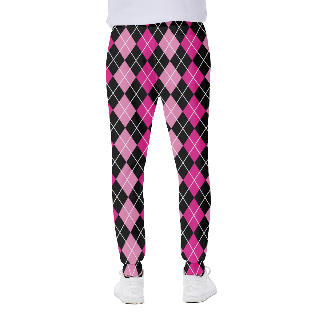 Deep Pink And Black Argyle Pattern Print Scuba Joggers