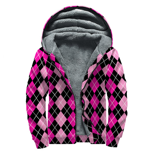 Deep Pink And Black Argyle Pattern Print Sherpa Lined Zip Up Hoodie
