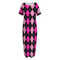 Deep Pink And Black Argyle Pattern Print Short Sleeve Long Nightdress