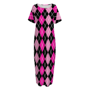 Deep Pink And Black Argyle Pattern Print Short Sleeve Long Nightdress