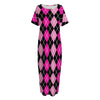 Deep Pink And Black Argyle Pattern Print Short Sleeve Long Nightdress