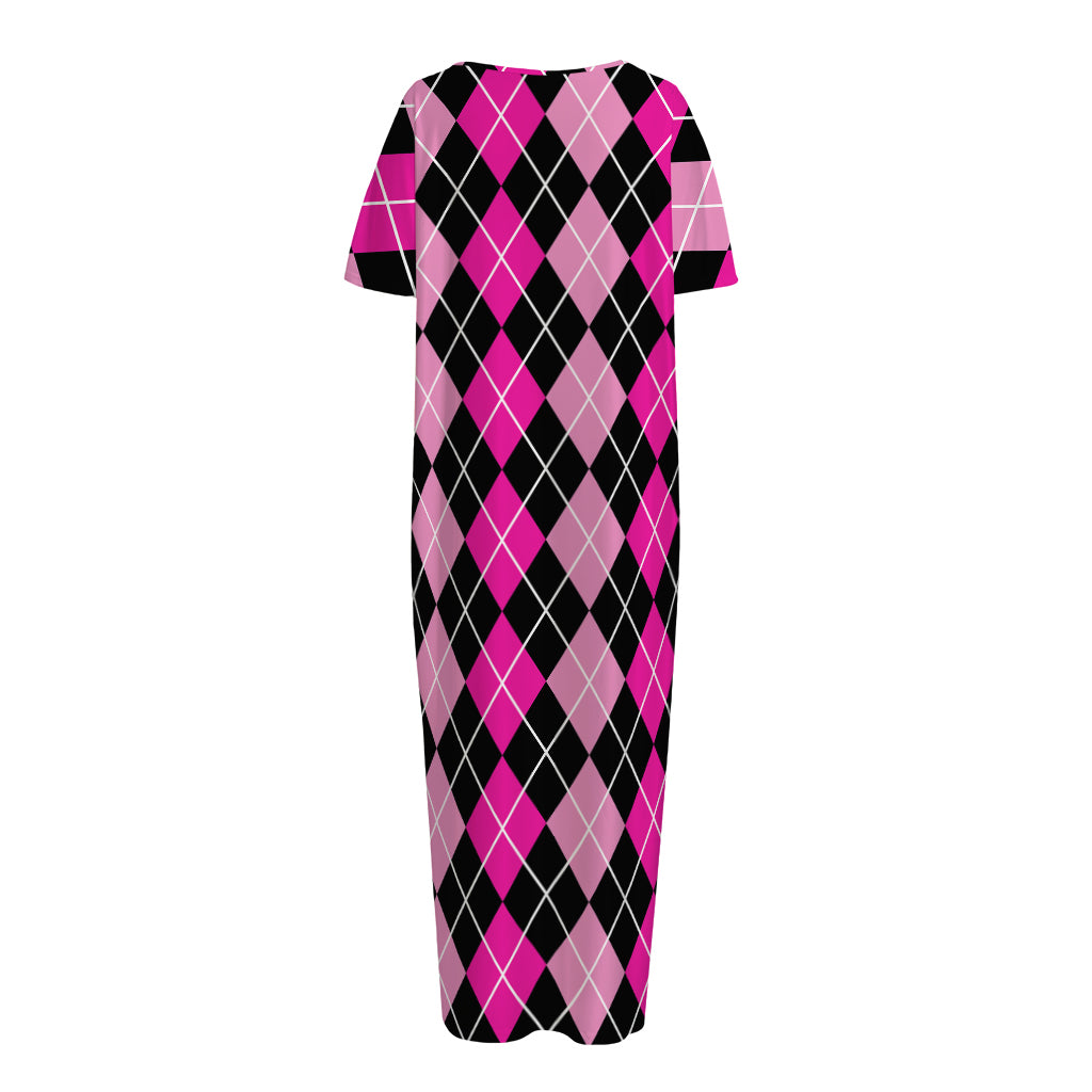 Deep Pink And Black Argyle Pattern Print Short Sleeve Long Nightdress