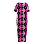 Deep Pink And Black Argyle Pattern Print Short Sleeve Long Nightdress