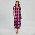 Deep Pink And Black Argyle Pattern Print Short Sleeve Maxi Dress