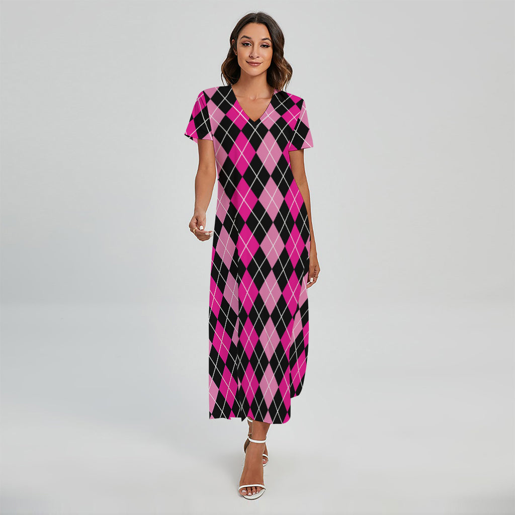 Deep Pink And Black Argyle Pattern Print Short Sleeve Maxi Dress