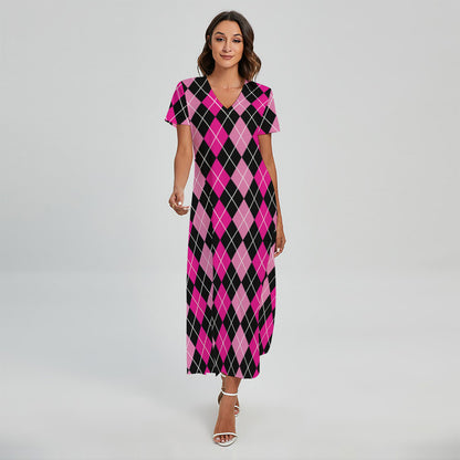 Deep Pink And Black Argyle Pattern Print Short Sleeve Maxi Dress